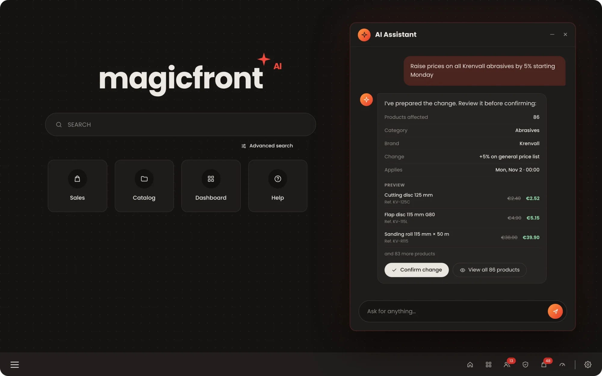 Magicfront AI asistente que prepara un cambio de precios por lotes en la oficina administrativa